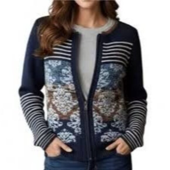 Anthropologie Sparrow Navy Zip Cardigan Sweater Floral & Striped Wool Mohair Sma - Picture 1 of 6